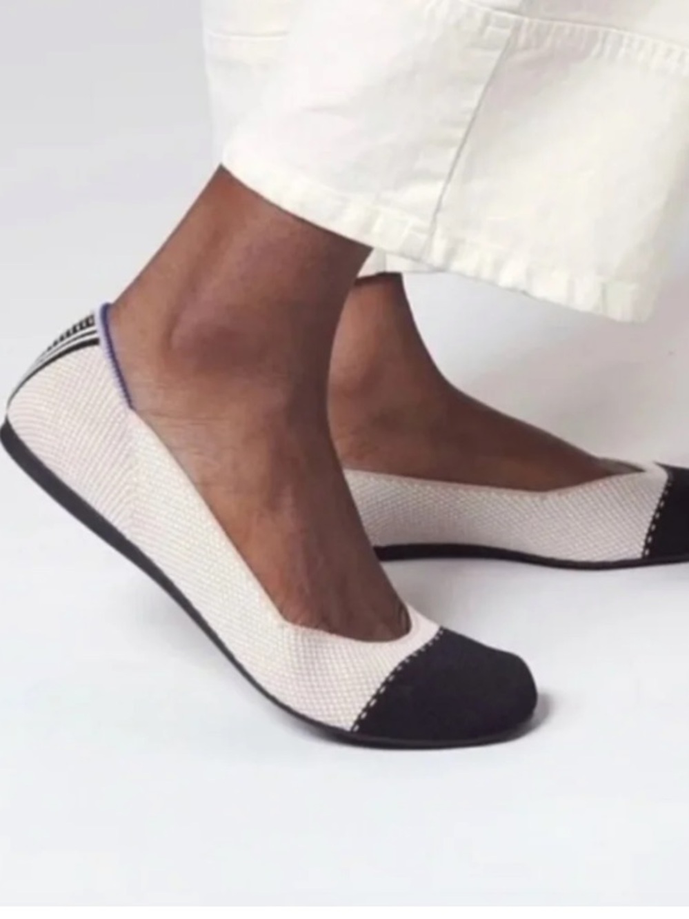 Rothy's Beige and Black Knit Ballet Flats with Blue Trim